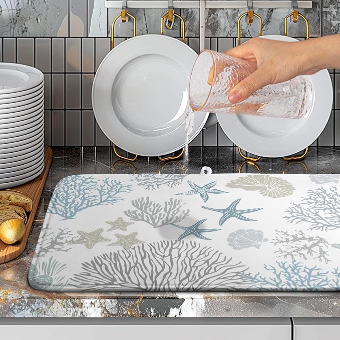 Coastal Dish Drying Mats for Kitchen Counter 18 x 24 Inch Summer Beach Drying Mat Coral Starfish Nautical Dish Rack Mat Ocean Themed Microfiber Absorbent Dish Drying Pad with Hanging Loop