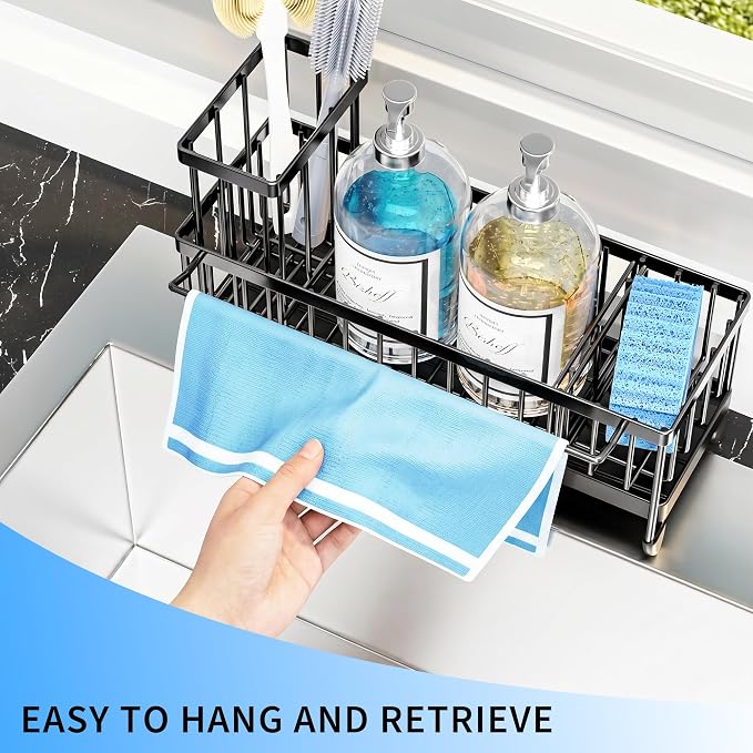 Moforoco Larger Version Sponge Holder for Kitchen Sink, Sink Caddy with High Brush Holder, Kitchen Sink Organizer Countertop Rustproof 304 Stainless Steel (Black with Towel Rack)
