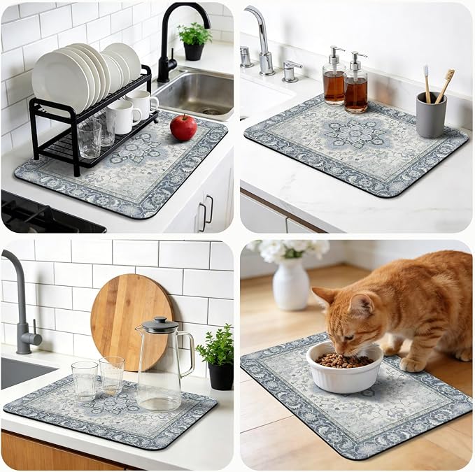 Dish Drying Mat, Vintage Rustic Boho Kitchen Dishes Absorbent Pad, 12x20in | Eco-friendly diatomite with non-slip rubber backing. Super absorbent mat for kitchen counters, coffee bars & sinks