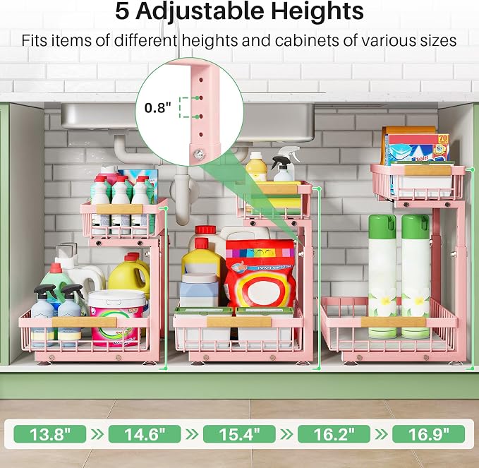 Kitstorack Under Sink Organizer, 2 Tier Under the Sink Storage, Slide out Pull out Cabinet Organizer Shelf, Metal Sliding Drawer for Kitchen Bathroom Pantry Closet Organization Rack, Pink, 1 Pack