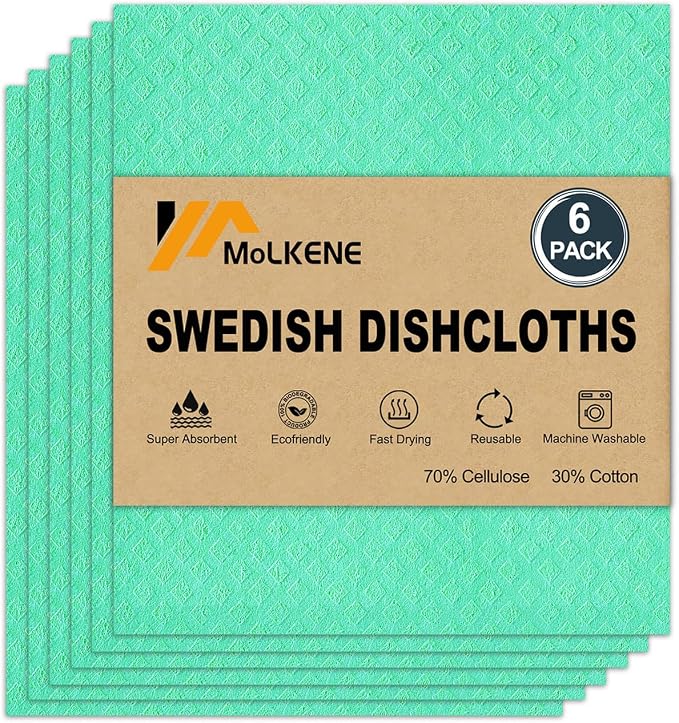 MoLKENE Swedish Dishcloths for Kitchen | 6 Pack Absorbent Cellulose Sponge Cloths Washable | Non-Scratch Reusable Paper Towels Quick Drying Cleaning Cloths - Green