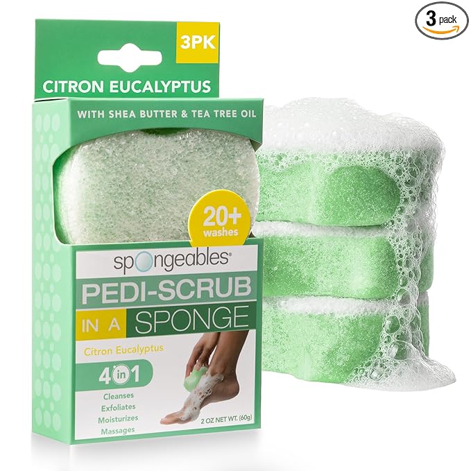 Spongeables Pedi Scrub Foot Exfoliating 20+ Wash Sponge, Citron Eucalyptus, 3 Count