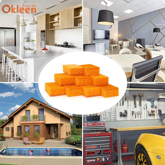 Orange Multi Use Scrub Sponge. Made in Europe. 9 Pack, 4.3x2.8x1.4 inches. Odorless Heavy Duty and Non Scratch Fiber. Durable and Delicate Scrubber for Dirty Surfaces in Kitchen, Home, Outdoors
