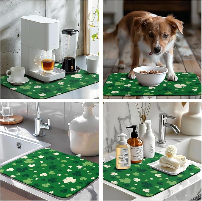 St.Patrick's Day Dish Drying Mat for Kitchen Counter Green Shamrock Drying Mats Spring Lucky Clovers Draining Pad Microfiber Absorben Dish Drainer Rack Mat Reusable Washable Dry Mat 16x18 Inch