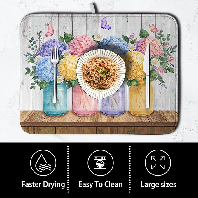 Hydrangea Dish Drying Mat for Kitchen Counter Spring Summer Floral Vases dish mat Microfiber Absorbent Dish Drainer Pad Rustic Farmhouse Floral Wooden Board Dish Draining Mats 16x18 Inch