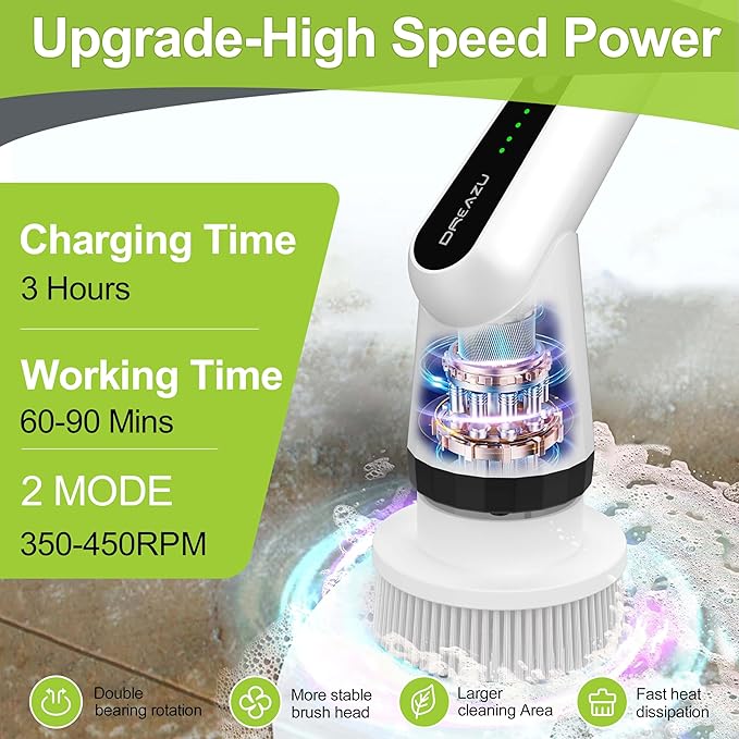 Dreazu Electric Spin Scrubber, 10-in-1 Shower Scrubber & Retractable Long Handle, 44 lbs High-Torque & Variable Speed Shower Cleaning Brush for Bathroom,Toilet, Bathtub, Kitchen, Tile Floors