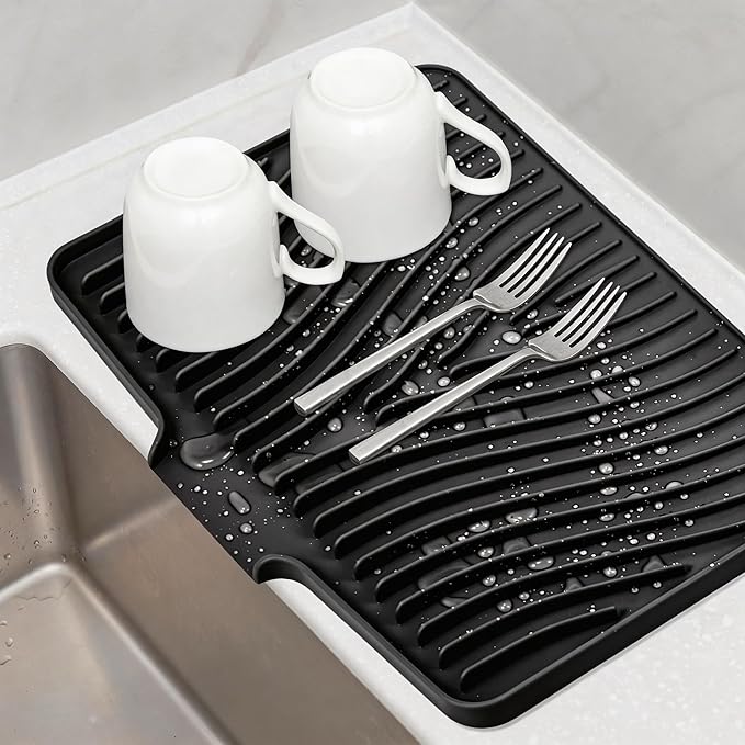 TIKNIK Silicone Dish Drying Mat for Kitchen Counter - Heat Resistant & Non-Slip Dish Drain Pad with Built-In Drain, Dishwasher Safe, Quick-Dry, Hangable & Roll-Up for Storage, Black-1pc, 20" x 15"