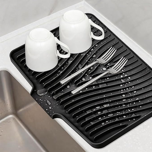 TIKNIK Silicone Dish Drying Mat for Kitchen Counter - Heat Resistant & Non-Slip Dish Drain Pad with Built-In Drain, Dishwasher Safe, Quick-Dry, Hangable & Roll-Up for Storage, Black-1pc, 20" x 15"