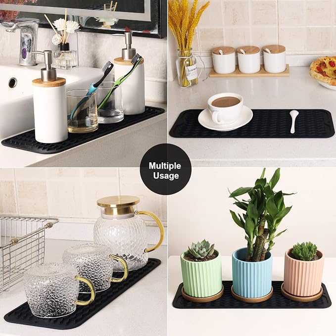 ZLR 2 Pcs Small Dish Drying Mat (6" x 17" / 153 x 433mm) - Narrow Silicone Drainer for Kitchen Counter, Apartment & RV - Compact Sponge Holder & Sink Caddy Tray, Non-Slip Food-Grade Silicone (Black)