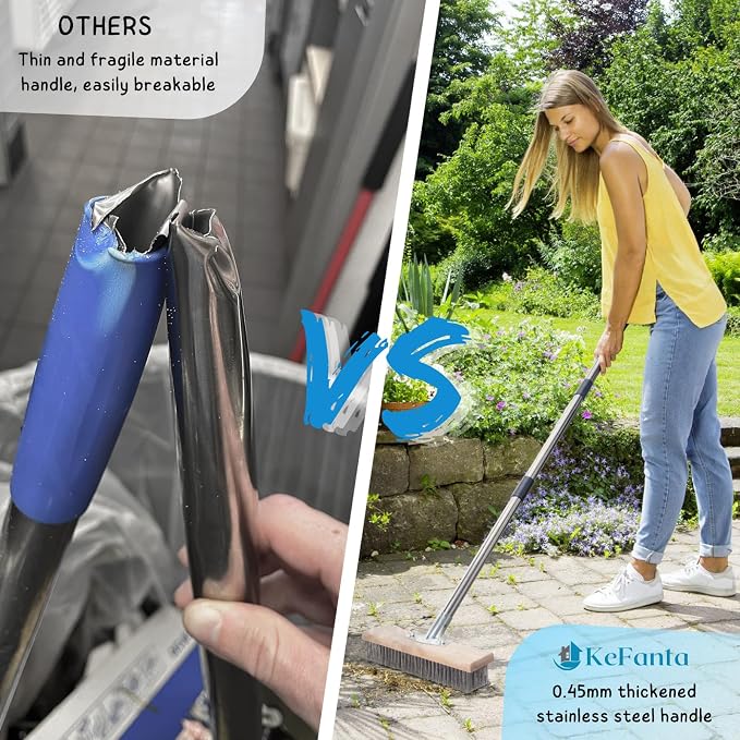 Stainless Steel Wire Scrub Brush with Long Handle for Deck, Concrete, Patio Floor Cleaning, 59'' Heavy Duty Stiff Metal Bristle Scrubber Broom for Outdoor Moss Removal