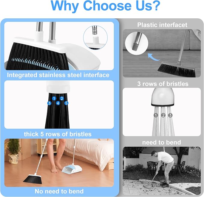 Broom with Dustpan Combo Set for Home, 52-in Long Adjustable Handle Angle Broom and Dustpan Set with Dustpan Comb Teeth for Sweeping Pet Hair Food Dirt Kitchen (White-Blue)