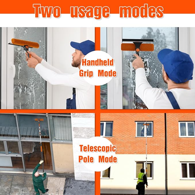 25FT Reach Window Squeegee Kit with Extension Pole, 2-in-1 Professional Washer for High Windows, 5-20FT Adjustable Reach, Rotatable Head for Indoor & Outdoor Use, Streak-Free Cleaning Tool for Home