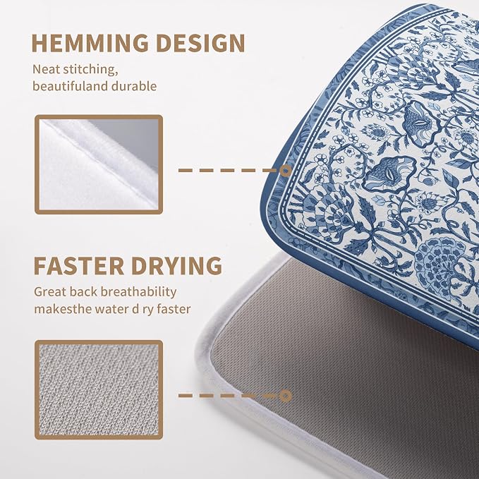 Blue Floral Dish Drying Mat for Kitchen Counter Boho Flowers Dishes Drainer Mats Rustic Farmhouse Microfiber Absorbent Dish Draining Spring Summer Reversible Dish Rack Pad Large 18x24 Inch