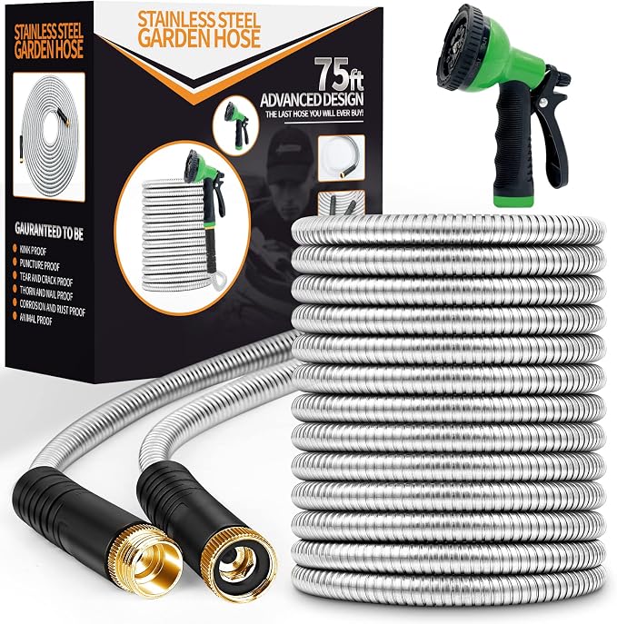 Unywarse Garden Hose 75ft, Stainless Steel Heavy Duty Water Hose with 10 Function Nozzle Flexible, Lightweight, No-Kink, Pet Proof, Puncture Proof Metal Hose for Yard, Outdoor