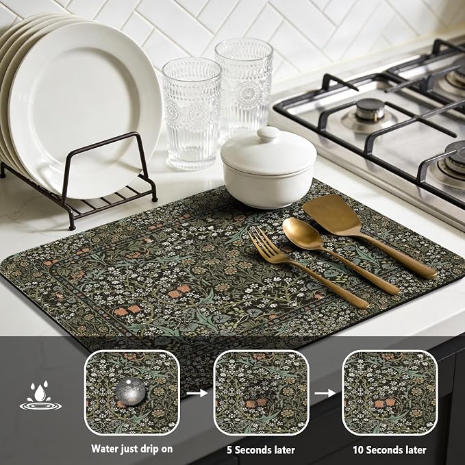 Vintage Floral Dish Drying Mat 18x24 Inch, Dish Mat Drying Kitchen Mats for Extra Large Absorbent Countertop, Aesthetic Boho Drying Matt Kitchen Counter Washable Heat Resistant Dish Drainer Rack Mat
