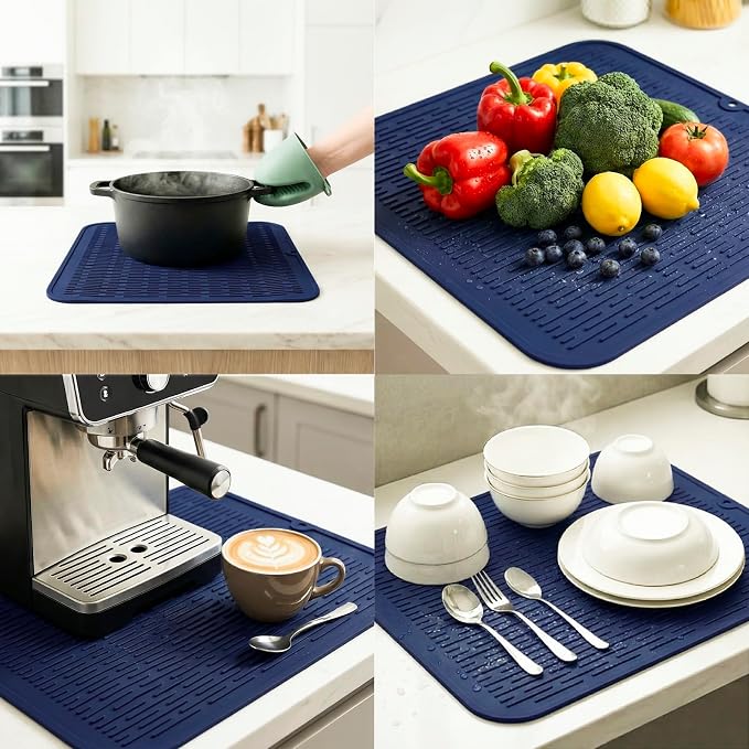 MicoYang Silicone Dish Drying Mat for Multiple Usage,Easy clean,Eco-friendly,Heat-resistant Silicone Mat for Kitchen Counter or Sink,Refrigerator or Drawer Liner Navy Blue XL 18 inches x 16 inches