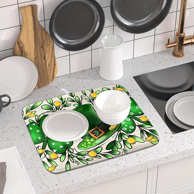 St Patrick's Day Shamrock Dish Drying Mat 16x18 inch Eucalyptus Leaves Dishes Pad Dish Drainer Mats Absorbent Fast Dry Kitchen Accessories