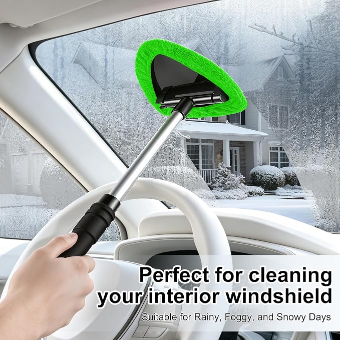 JUSTTOP Windshield Cleaner Tool, Car Interior and Exterior Window Cleaning Kit with Extendable Handle & 4 Reusable Microfiber Pads, Auto Glass Wiper Brush Kit for Car & Home Windows (Green)