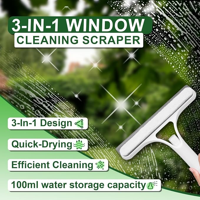 3 in 1 Window Cleaning Scraper, Window Squeegee with Sprayer, Window Cleaning Scraper for Windows, Walls, Car Windshields, Bathrooms, Kitchens, All-Purpose Window Cleaner Tool (Blue)