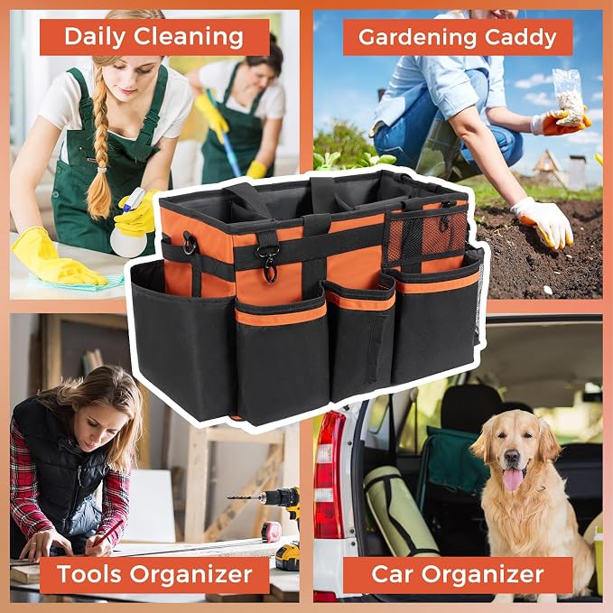 SCAVATA Wearable Cleaning Caddy, Cleaning Caddy Supplies Organizer with Handle & Shoulder Straps for Housekeepers, Under Sink & Car Cleaning Tool Organizers Bag with 4 Foldable Divider (RetroOrange)