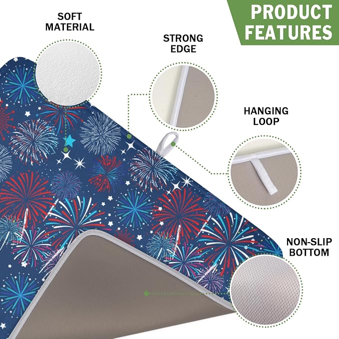 4th of July Patriotic Dish Drying Mat for Kitchen Counter 16 x 18 Inch Independence Day Dish Drainer Mat Absorbent Microfiber Firework Dish Rack Pad for Coffee Dining Bar Decor