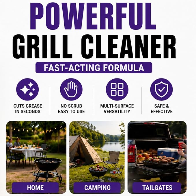 2-Pack Fast-Acting Grill Cleaner Spray, Heavy Duty BBQ Degreaser for Burnt Food & Stubborn Grease, Powerful No-Scrub Oven & Kitchen Cleaner for Grills, Stovetops & Pans (2)