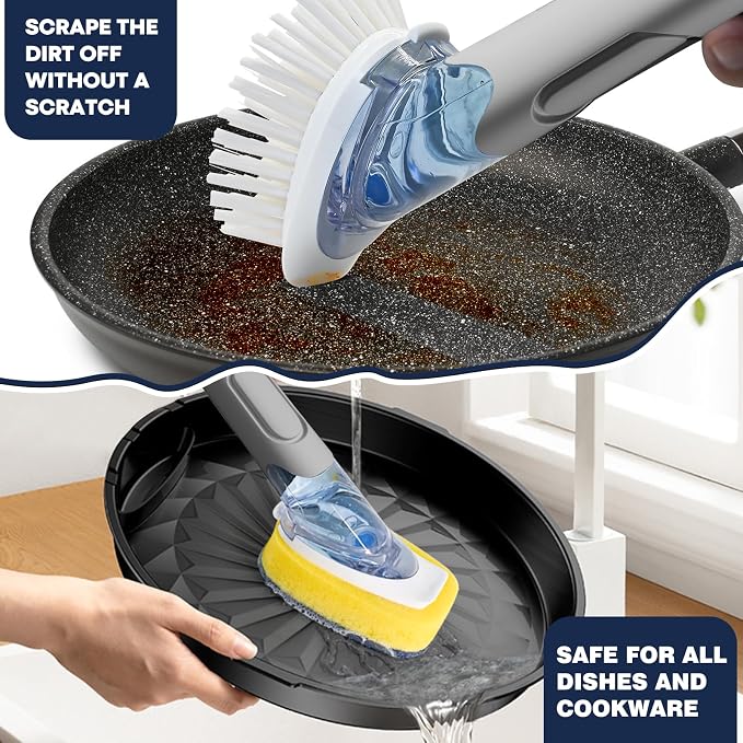 RIMAY Dish Brush Set with Soap Dispenser, 2 Refills and Storage Holder | Soap Dispensing Dish Brush dish scrubber with handle for Cleaning Dishes, Pans, Sink, Pots, Grey