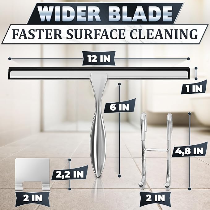 Shower Door Squeegee with Hook, 12" Silicone Blade, Steel (Silver) | Squeegee for Shower Glass with Adhesive Mount; All-Purpose Bathroom Tile, Mirror, & Window Wiper for Streak-Free Cleaning