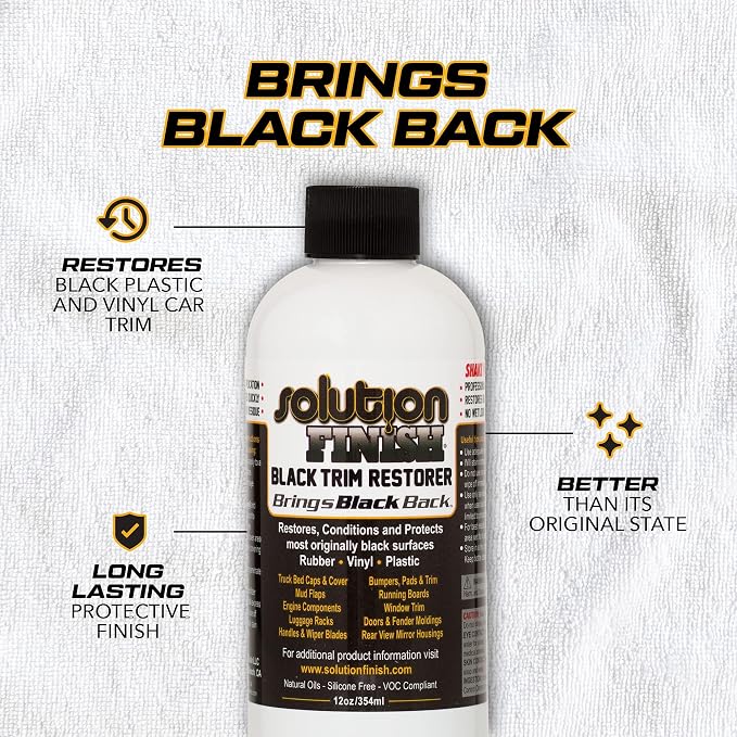 Solution Finish - Black Plastic & Vinyl Trim Restorer - Use for Car and Truck Detailing, No Wet Look, Instantly Revives Color to Trim, Bumpers, Mud Flaps, Etc., Black (12 oz)