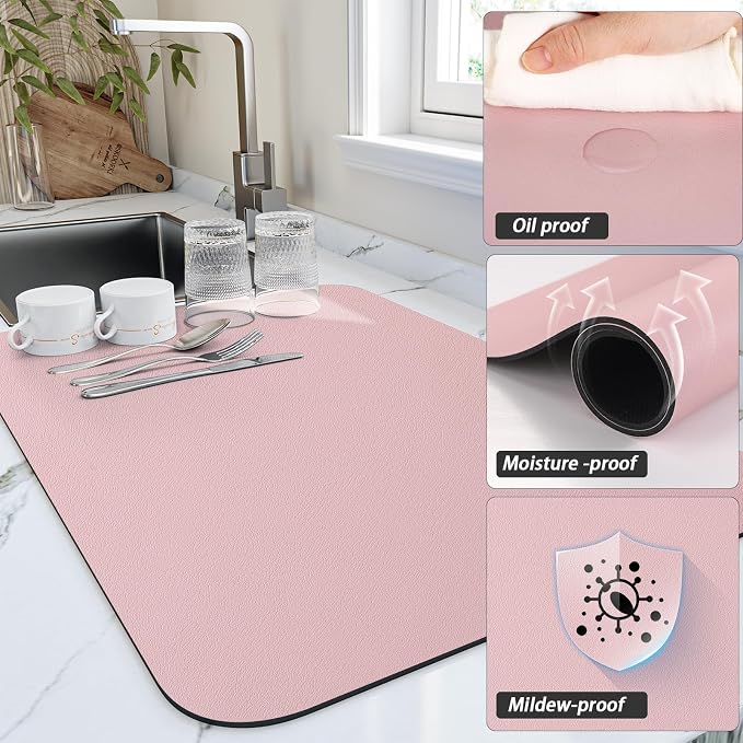 HotLive Dish Drying Mat for Kitchen Counter, Heat Resistant Drainer Mats with Non-slip Rubber Backed, Hide Stain Kitchen Super Absorbent Draining Mat, Easy to Clean Dish Rack Pad, Pink 16"x20"