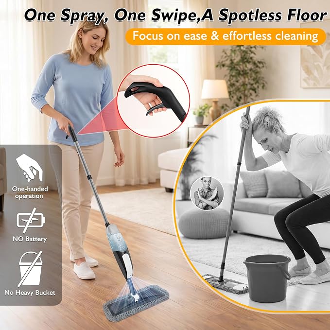 Spray Mop for Floor Cleaning: Microfiber Wet Dry Mops with 3 Washable Pads | Leak-proof Refillable Bottle, 360° Swivel Head, Lightweight Floor Mops with Sprayer for Hardwood Laminate Tile Wood Vinyl