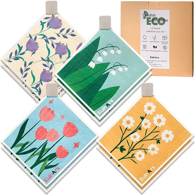 Eulnars Reusable Paper Towels, Swedish Dishcloths for Kitchen 8-Pack, Non-Scratch Swedish Dish Towels, Super Absorbent Cellulose Dish Cloths, No Odor Dish Rags