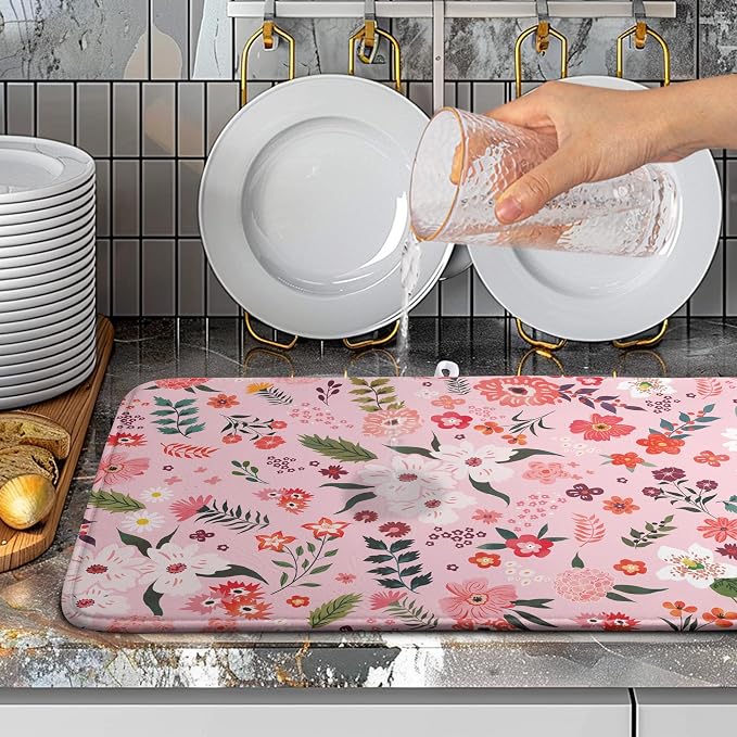 Pink Floral Dish Drying Mat for Kitchen Counter Cute Flower Print Dish Rack Mats Absorbent Microfiber Dish Draining Mat Reusable Washable Large Drainer Pad 18x24 Inch