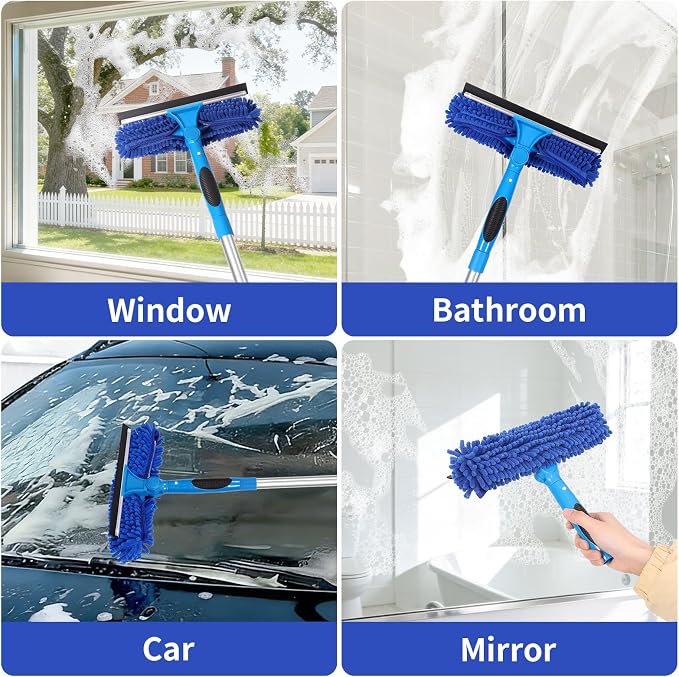 67" Squeegee Window Cleaner, 2 in 1 Professional Window Cleaning Tool Kit with Extension Pole, Window Washing Equipment with Rotatable Head for Indoor Outdoor Windows Car Glass