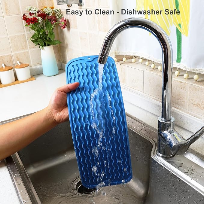 ZLR Small Dish Drying Mat (6" x 17" / 153 x 433mm) - Narrow Silicone Drainer for Kitchen Counter, Apartment & RV - Compact Sponge Holder & Sink Caddy Tray, Non-Slip Food-Grade Silicone (Lichen Blue)