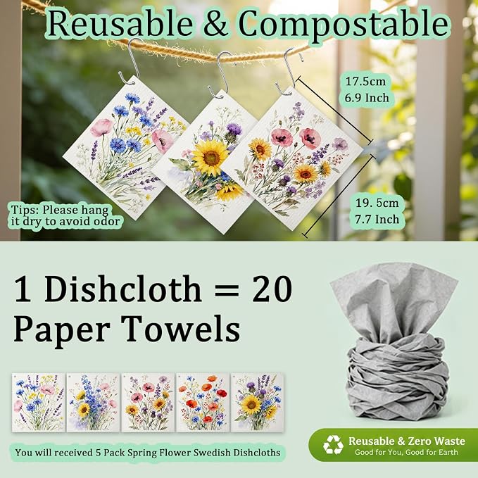Swedish Dishcloths for Kitchen 5 Pack Spring Wildflower Reusable Paper Towels with 3 Hooks Absorbent Washable Dish Cloth Set Cleaning Cloth for Housewarming