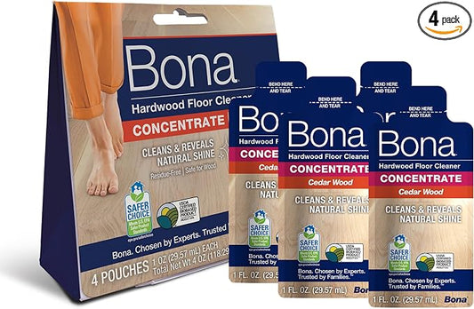 Bona Hardwood Floor Cleaner Concentrate, Cedar Wood Scent, 1 fl oz, Pack of 4 (Makes 128 fl oz) - Residue-Free Floor Cleaning Concentrate Spray Mop and Spray Bottle Refill - For Wood Floors