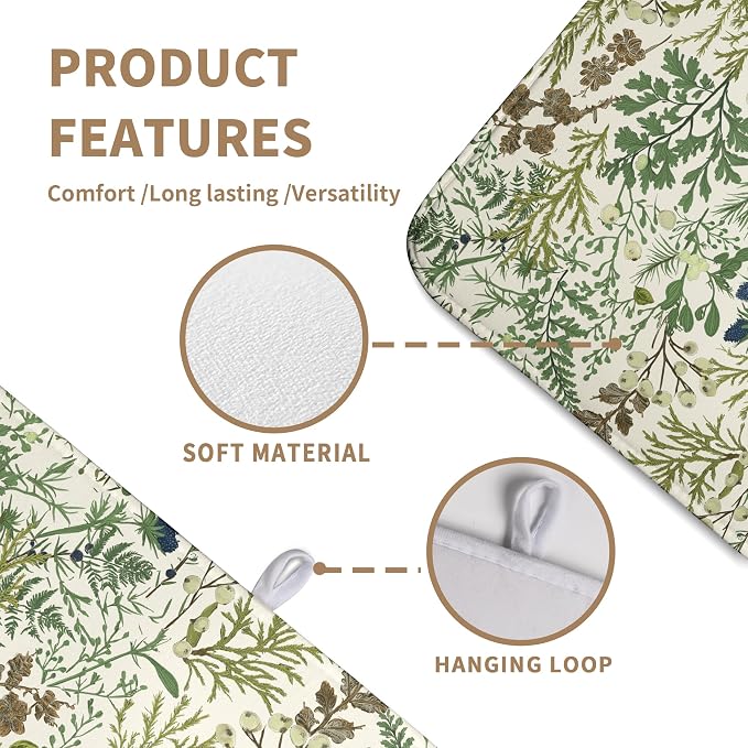Sage Green Botanical Floral Dish Drying Mat for Kitchen Counter Vintage Herbs Fern Leaves Plant Drying Mats Absorbent Microfiber Dishes Drainer Mats Washable Dish Draining Pad Extra Large 18"x24"