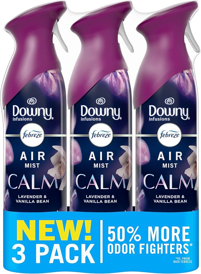 Febreze Air Mist, Air Freshener Spray, Odor Fighting Room Spray, Deodorizer for Home Bathroom Kitchen Office Apartment Dorm Room Classroom, Downy Calm Lavender & Vanilla Bean Scent, 8.1oz (Pack of 3)