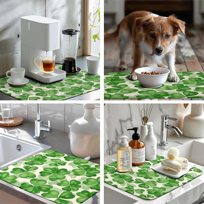 St Patrick's Day Green Clover Drying Mat for Kitchen Counter Watercolor Shamrock St Patricks Day Dish Drying Mats Spring Lucky Clovers Absorbent Reversible Dish Drainer Rack Mat Dish Pad 18x24 Inch