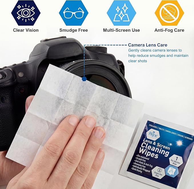 MED PRIDE Lens and Screen Cleaning Wipes for Eyeglasses, Touch Screens, Cameras, Anti-Fog, Scratch-, Anti-Static (100 100 Count (Pack of 1))