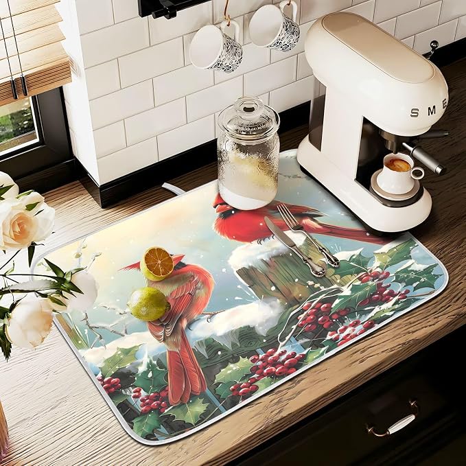 Winter Birds Snowflakes Berry Dish Drying Mat for Kitchen Counter Absorbent Microfiber Large Christmas Drying Pad Dish Mats for Kitchen Countertops 18 x 24 Inch