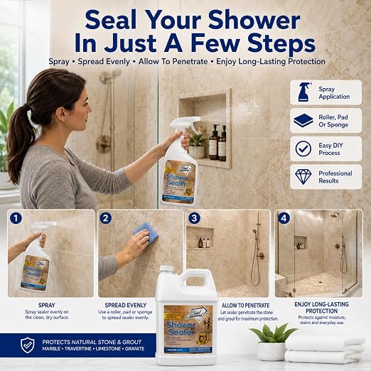 Black Diamond Stoneworks Natural Stone Shower Sealer – Penetrating Water-Based Sealer for Marble, Granite, Travertine, Limestone & Grout – Water & Stain Protection. 1-Gallon