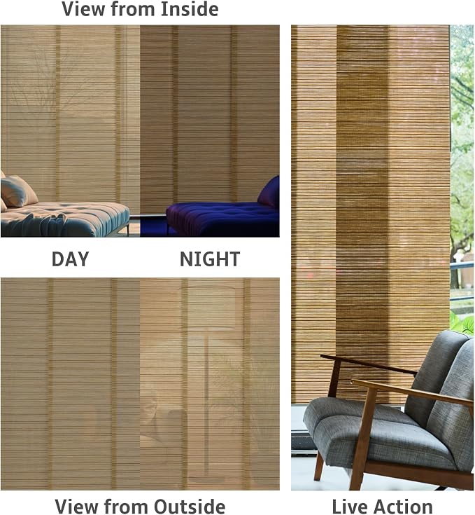 Replacement Fabric Panels for Sliding Glass Door (4-Pack, 23"x96"), Fabric Only, Natural Woven Blind Slats, Trimmable, Sheer, Track & Bottom Rail Not Included,Caramel Brown