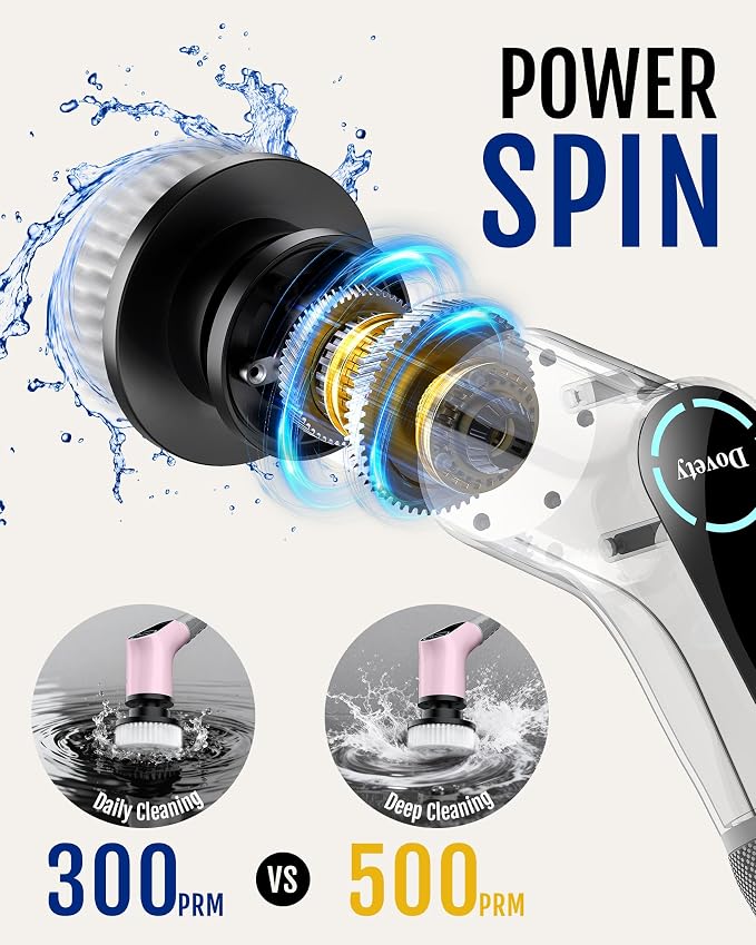 Dovety Electric Spin Scrubber, Shower Scrubber, Power Cleaner Tools with 8 Replaceable Brush Heads, Cleaning Brush with Extension Handle, 2 Adjustable Speeds, 90Mins Work Time for Home Bathtub-Pink