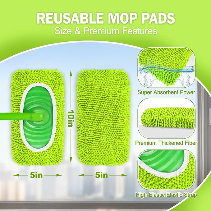 8 Pack Reusable Mop Pads Compatible with Swiffer Sweeper, Dry Sweeping Cloths & Wet Mopping Cloths - Microfiber Mop Pads for Hardwood Floors, Floor Cleaning, Wood Floors (Fluorescent Green)