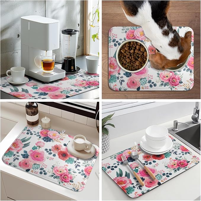 Spring Floral Dish Drying Mat for Kitchen Counter Spring Summer Flowers Kitchen Dish Drying Pad 18”x24” Absorbent Reversible Watercolor Flowers Dishes Drainer Pad Dish Drying Rack Mat for Countertop