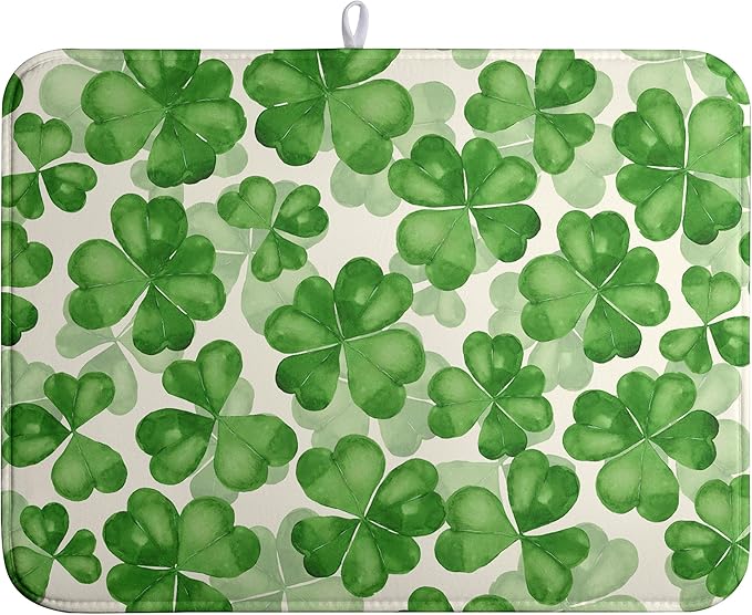 St Patrick's Day Green Clover Drying Mat for Kitchen Counter Watercolor Shamrock St Patricks Day Dish Drying Mats Spring Lucky Clovers Absorbent Reversible Dish Drainer Rack Mat Dish Pad 18x24 Inch