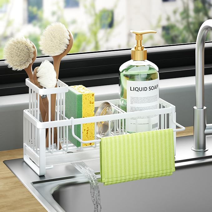 HapiRm Sponge Holder for Kitchen Sink - Self-draining Sink Caddy with Brush and Dishcloth Holders, Stainless Steel Kitchen Organizer for Countertop - White