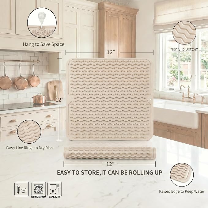 MicoYang Silicone Dish Drying Mat for Multiple Usage,Easy clean,Eco-friendly,Heat-resistant Silicone Mat for Kitchen Counter or Sink,Refrigerator or Drawer liner Tapioca M 12 inches x 12 inches